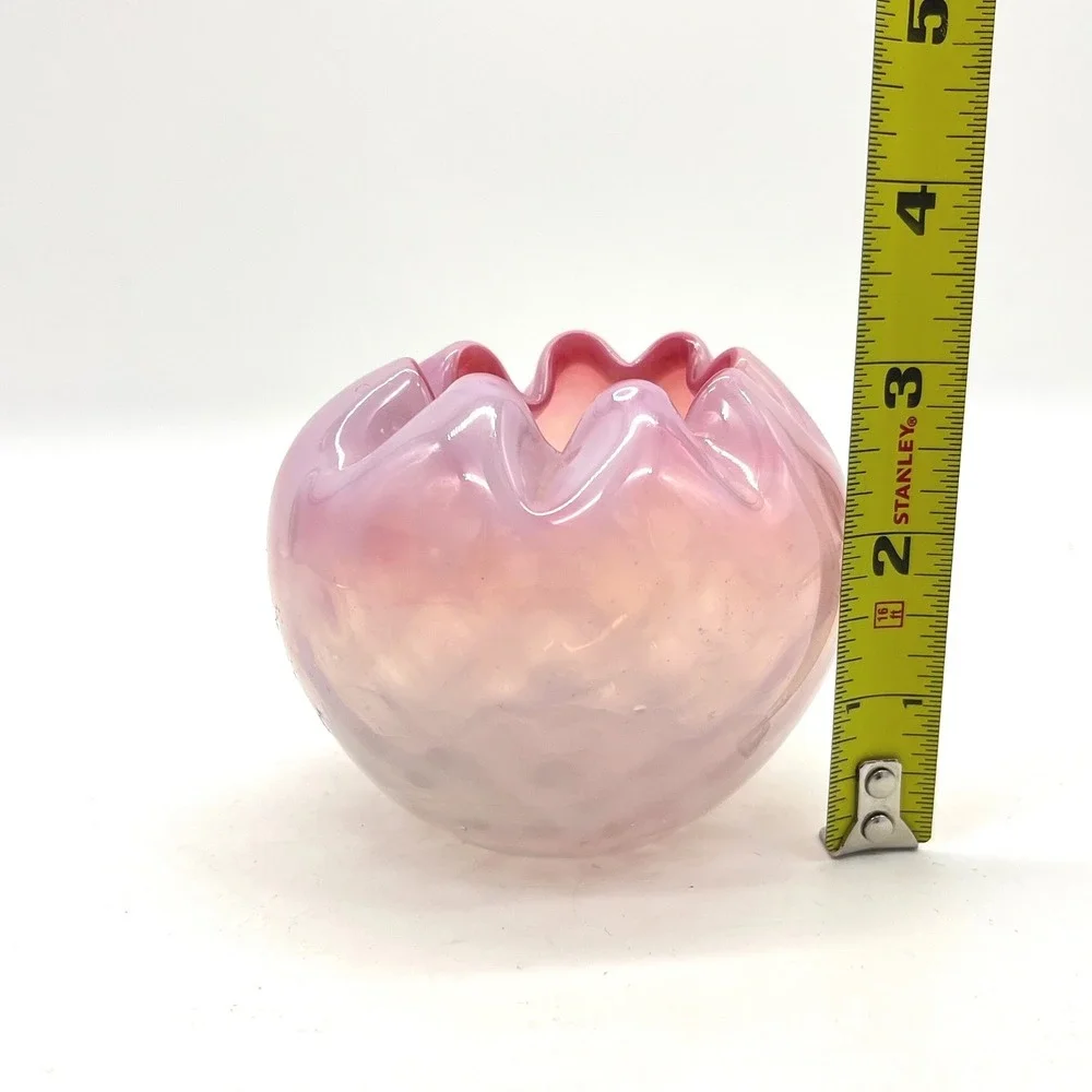 Vintage Pink Satin Glass Rose Bowl Diamond Quilted Crimped Rim Art Glass 3 inch